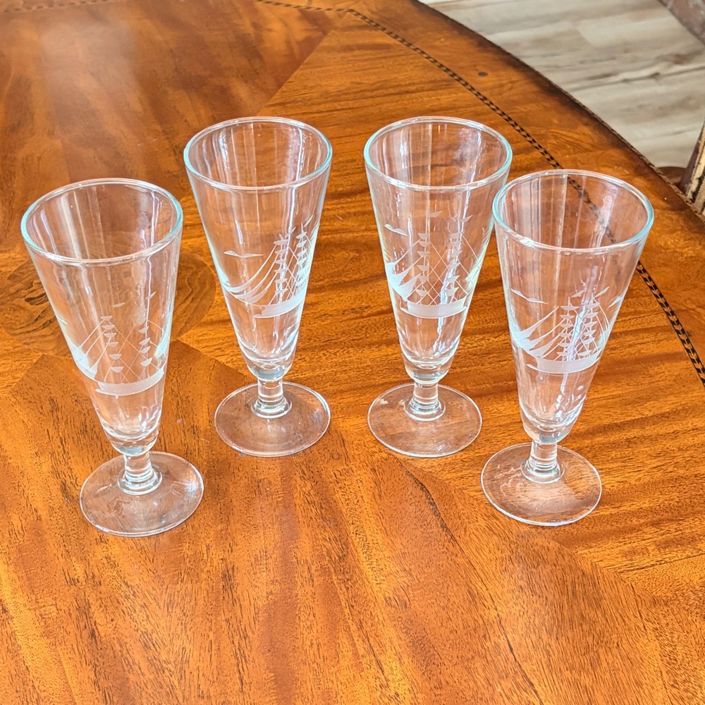 VTG Javit Clipper Ship Pilsner Glasses 7.5" Set 4 Hand Etched Crystal EUC